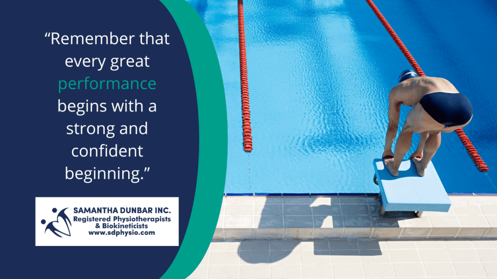 Swimmer on starting block, above to dive into pool.